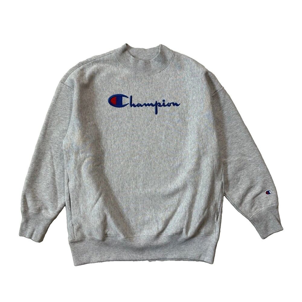 Champion Premium Reverse Weave Warm Up Size L Big Logo Crewneck Sweatshirt Gray